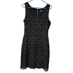 Guess Black Gold Eyelash Fringe Scalloped Sheath Dress‎ Size 14